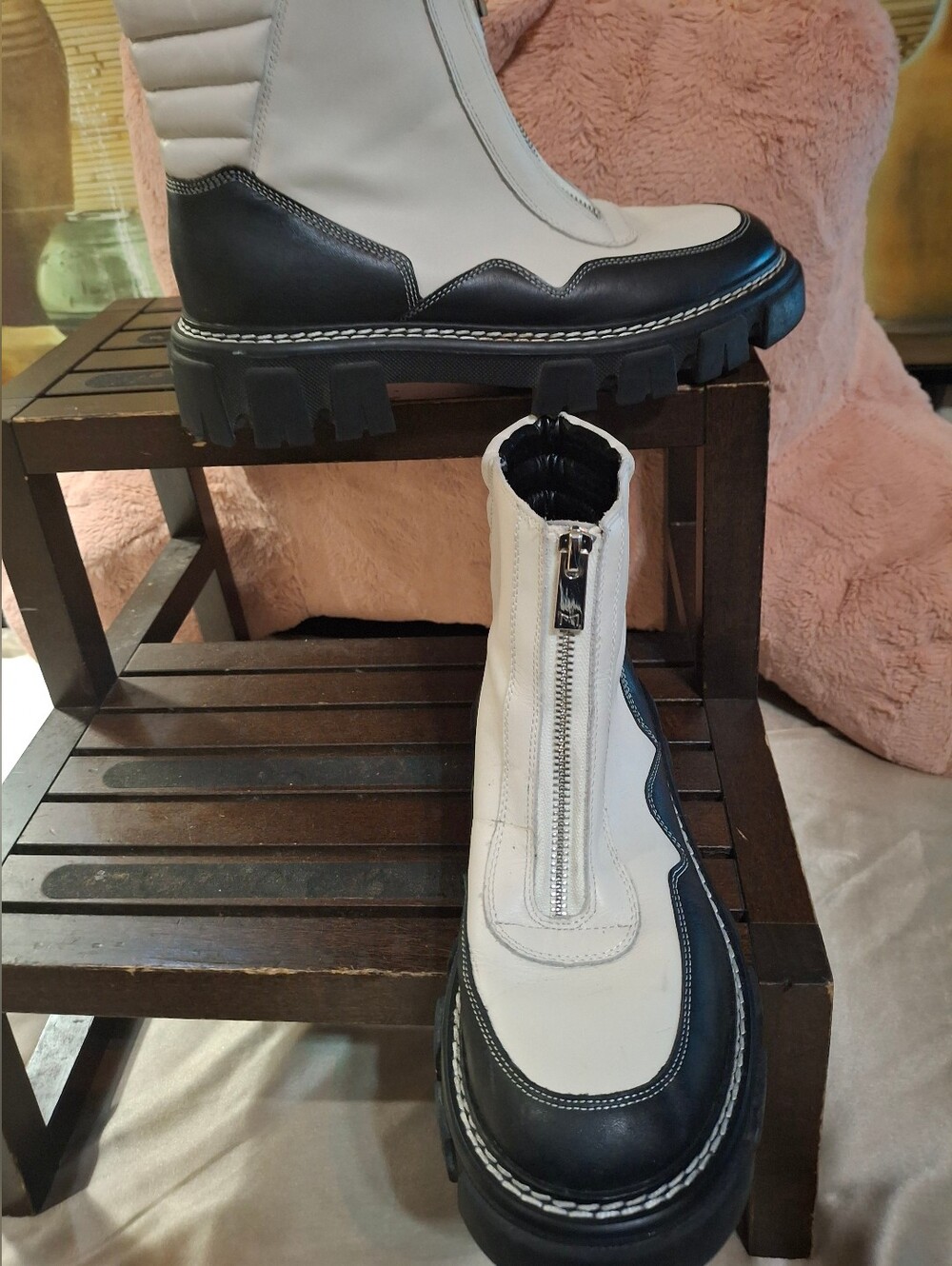 White and Black Women's Zip Front Chunky Sole Boots